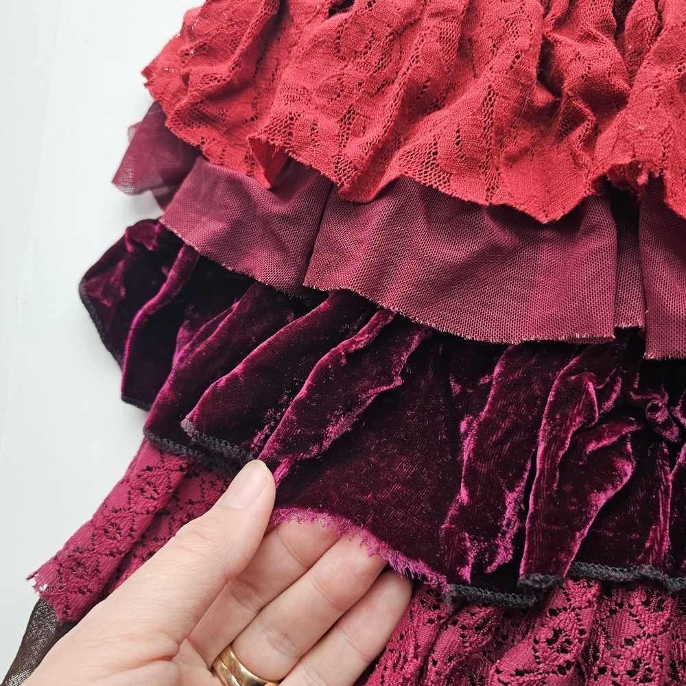 Sarissa Designs, Velvet Purple Red Boho Ruffles Skirt, - Picture 5 of 11